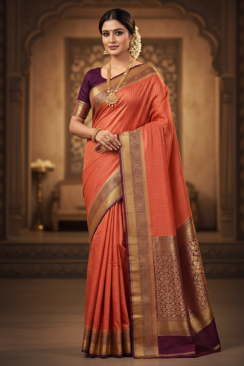 Coral & Wine Mysore Silk Saree - Ad Model Shot