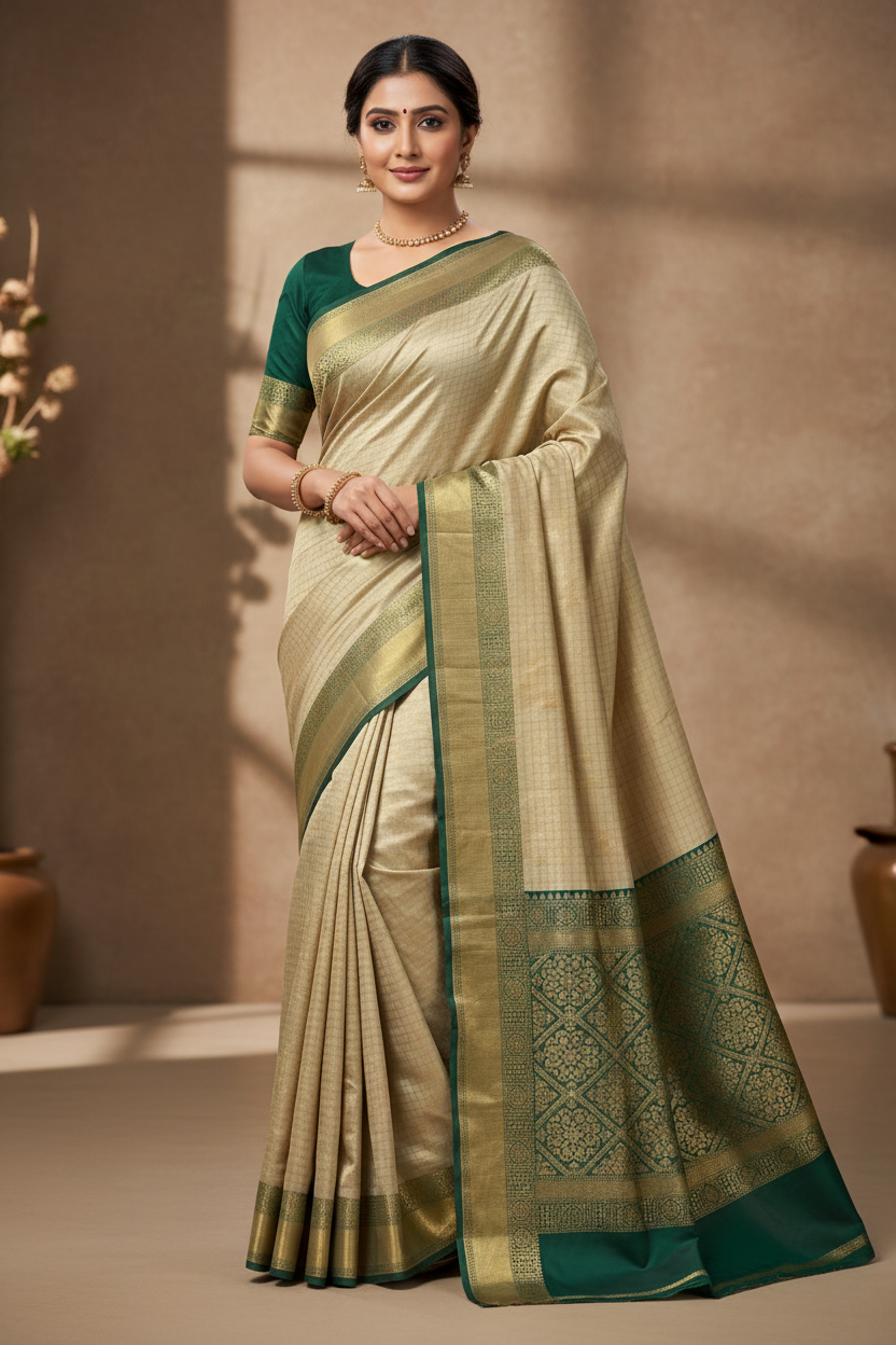 Cream & Bottle Green Mysore Silk Saree - Ad Model Shot