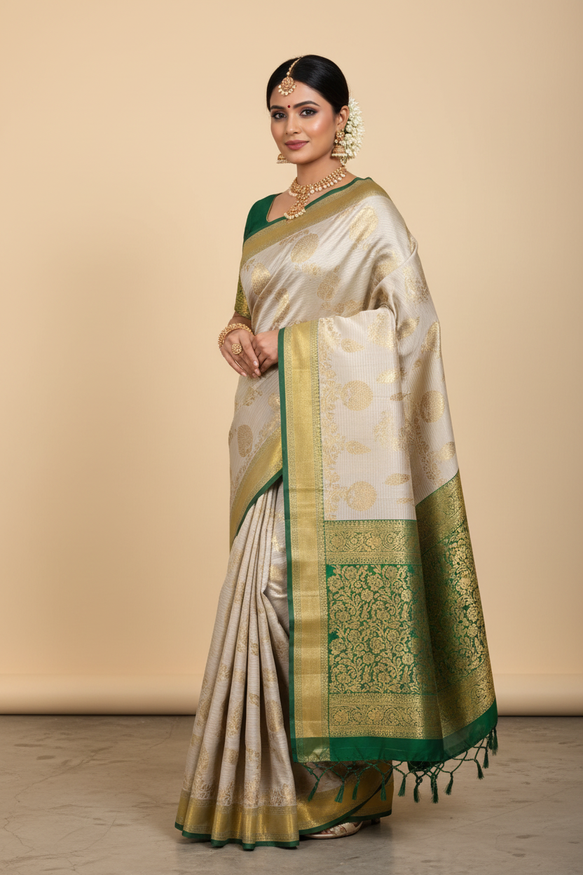 Cream & Emerald Green Banarasi Silk Saree - Model Wearing