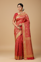 Crimson Red & Antique Gold Banarasi Silk Saree - Model Wearing