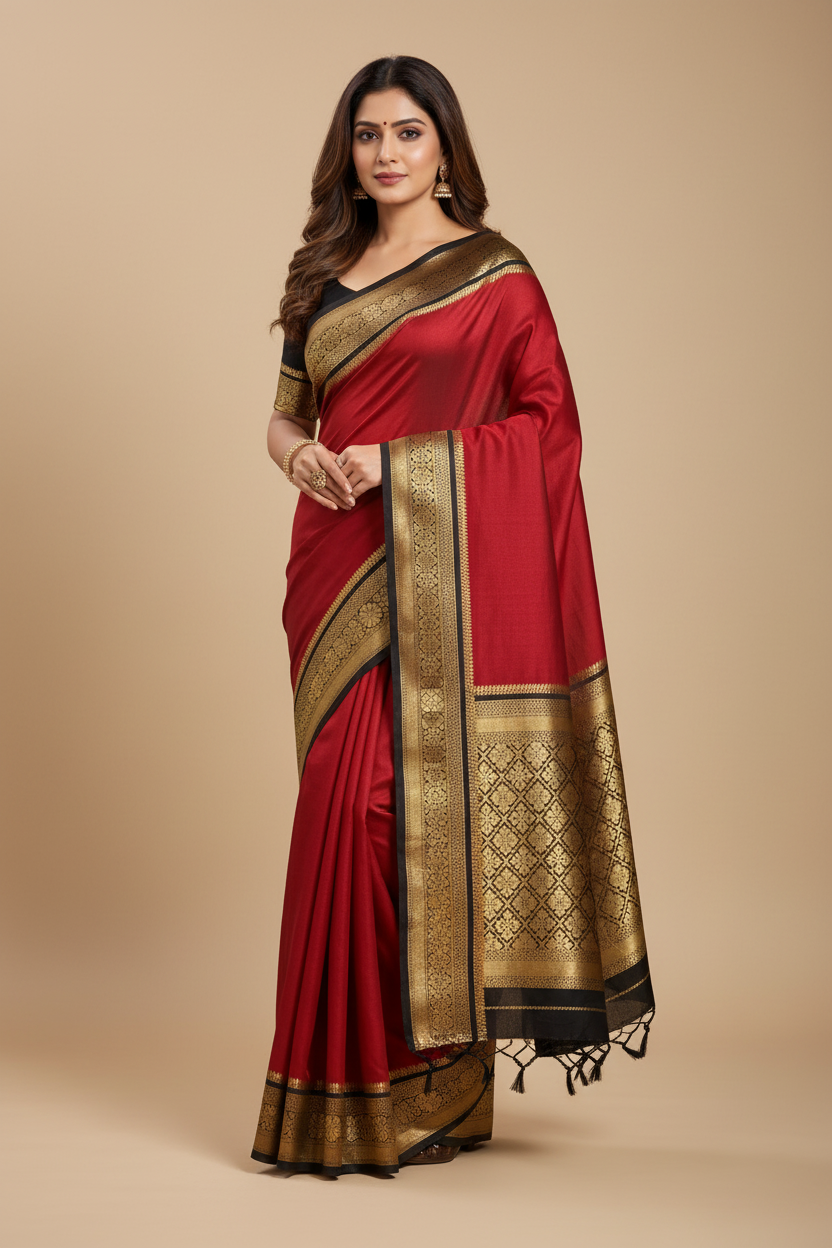 Crimson Red Silk Saree with Black and Gold Zari Geometric Border
