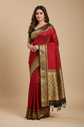 Crimson Red Silk Saree with Black and Gold Zari Geometric Border