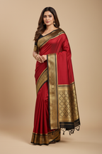 Crimson Red Silk Saree with Black and Gold Zari Geometric Border