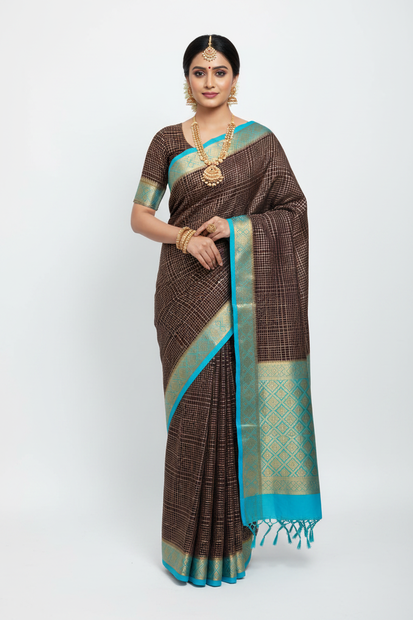 Dark Brown & Sky Blue Mysore Silk Saree Model