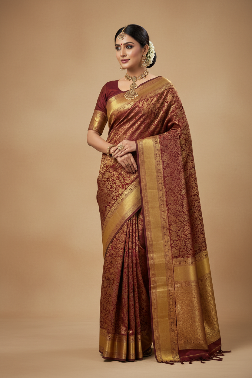 Deep Maroon Banarasi Saree Model