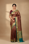 Deep Maroon & Teal Kanjivaram Saree on Model