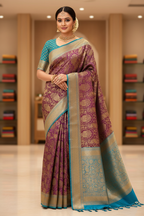Deep Purple & Teal Banarasi Silk Saree - Model Wearing