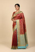 Deep Red & Sky Blue Kanjivaram Saree on Model