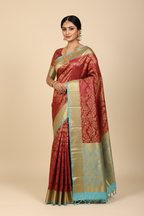 Deep Red & Sky Blue Kanjivaram Saree on Model