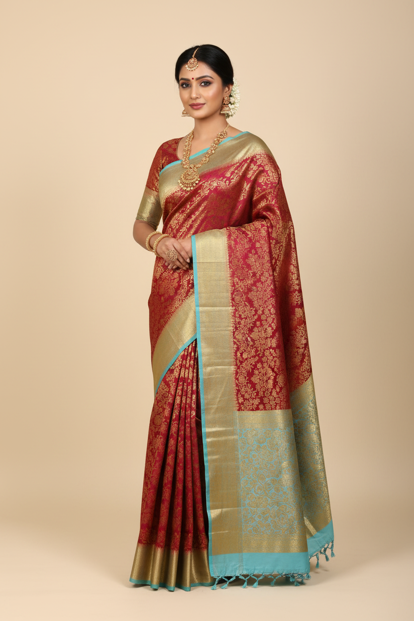 Deep Red & Sky Blue Kanjivaram Saree on Model