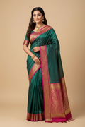 Deep Teal Green Silk Saree with Magenta Pink Gold Zari Floral Border