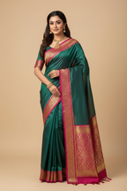 Deep Teal Green Silk Saree with Magenta Pink Gold Zari Floral Border