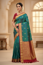 Dual-Tone Teal & Crimson Kanchipuram Saree on Model