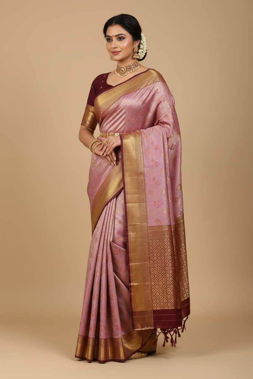 Dusty Pink & Maroon Kanjivaram Saree on Model