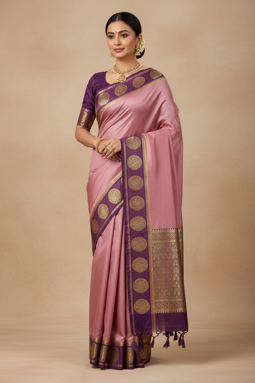Dusty Pink Silk Saree with Purple Gold Border