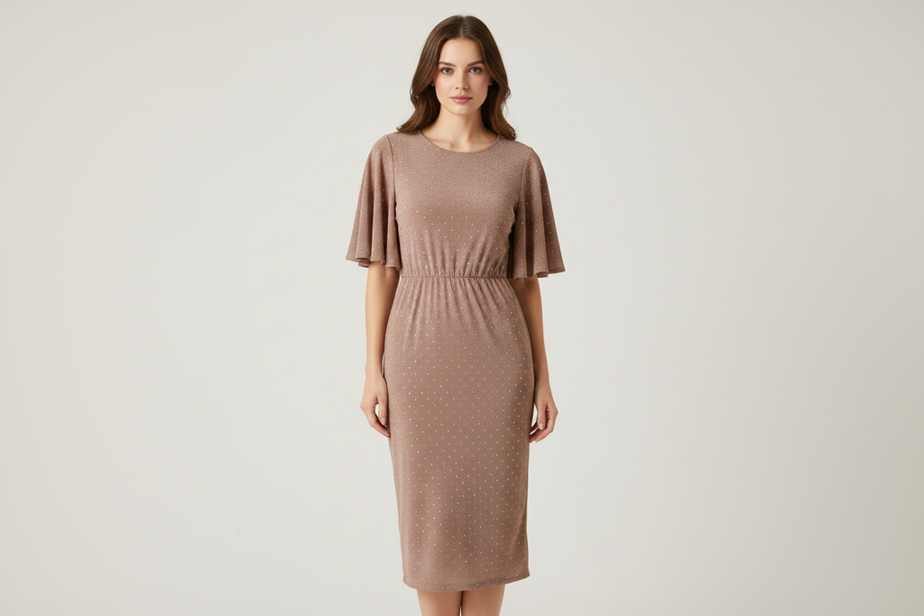 Dusty Rose Gold Sequin Dot Dress on Model