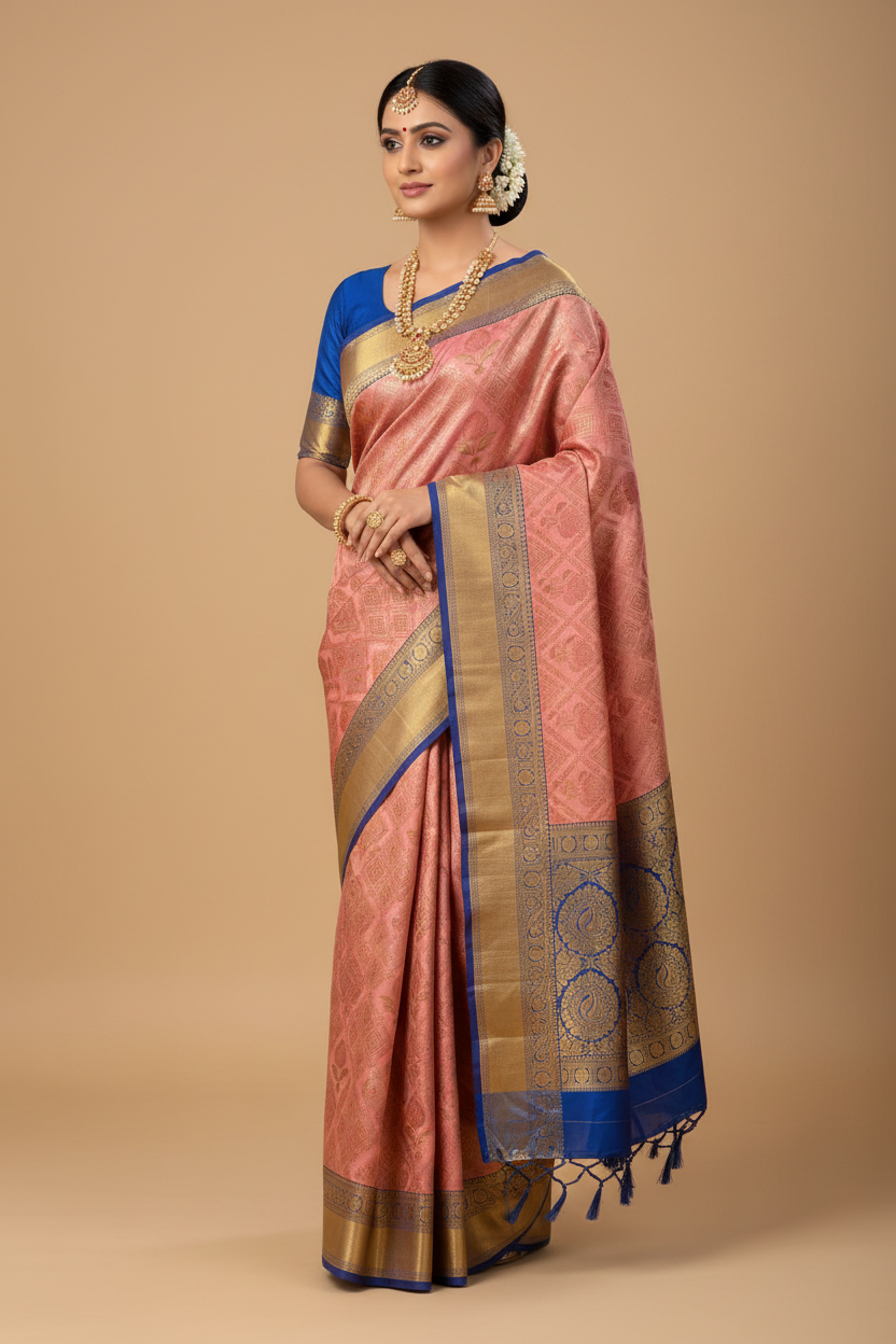 Dusty Rose Pink & Royal Blue Banarasi Silk Saree - Model Wearing