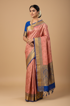 Dusty Rose Pink & Royal Blue Banarasi Silk Saree - Model Wearing