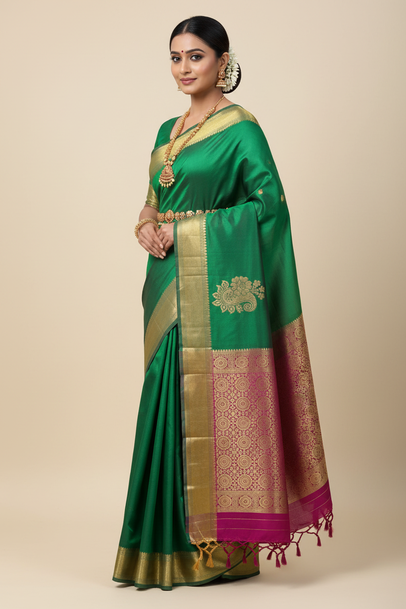 Emerald Green Kanjivaram Silk Saree on Model