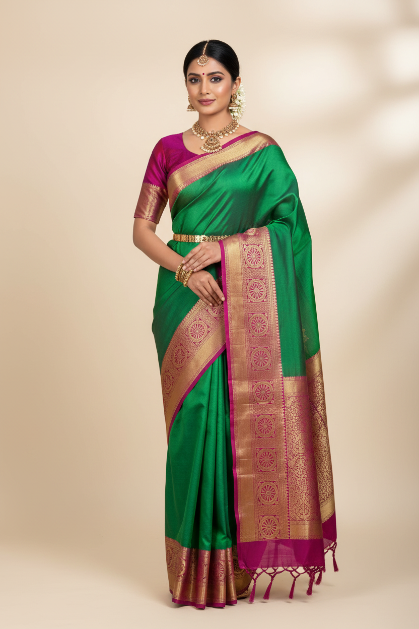 Emerald Green Kanjivaram Silk Saree on Model