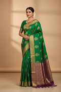 Emerald Green & Purple Silk Saree on Model