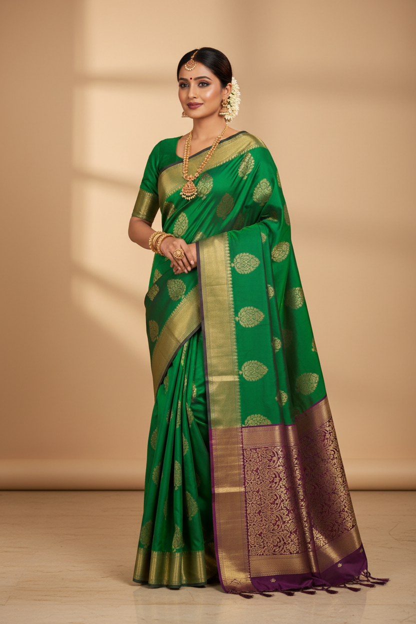 Emerald Green & Purple Silk Saree on Model