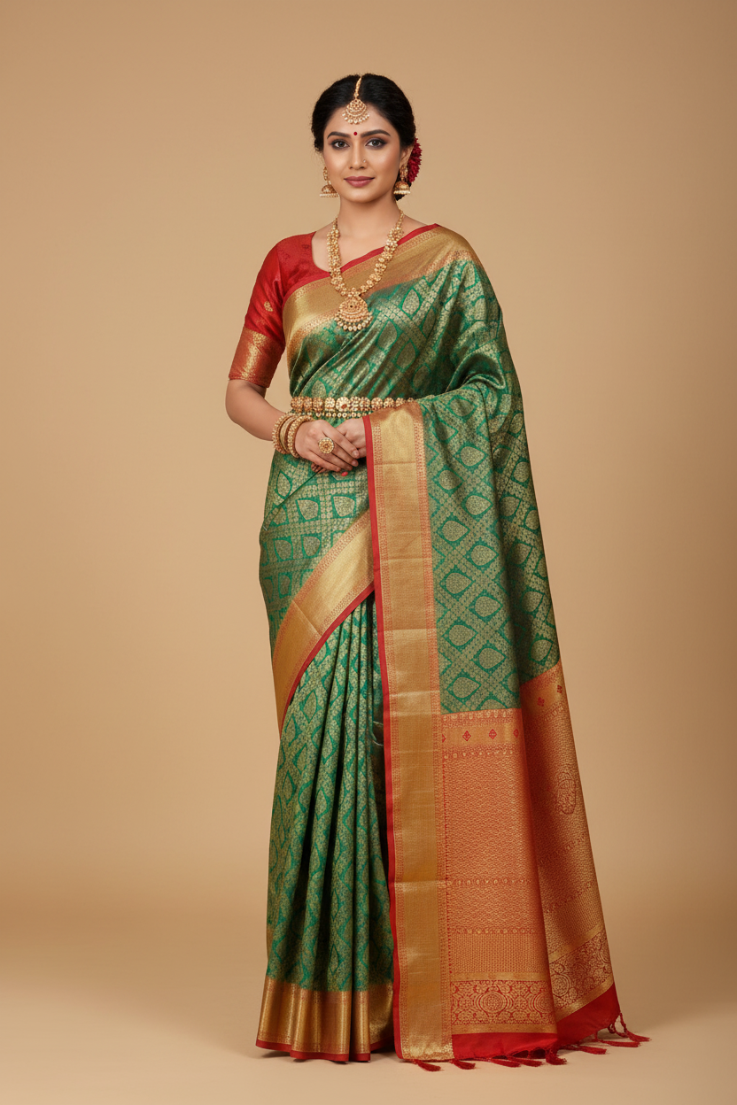Emerald Green & Red Banarasi Silk Saree - Model Wearing