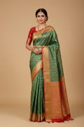 Emerald Green & Red Banarasi Silk Saree - Model Wearing