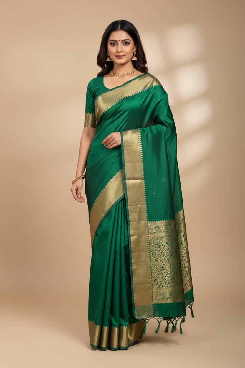 Emerald Green Silk Saree with Gold Zari Border
