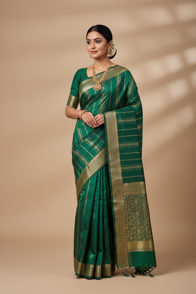 Emerald Green Silk Saree with Gold Zari Vertical Stripes and Leaf Border