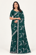 Enhanced dark green saree ecommerce model image