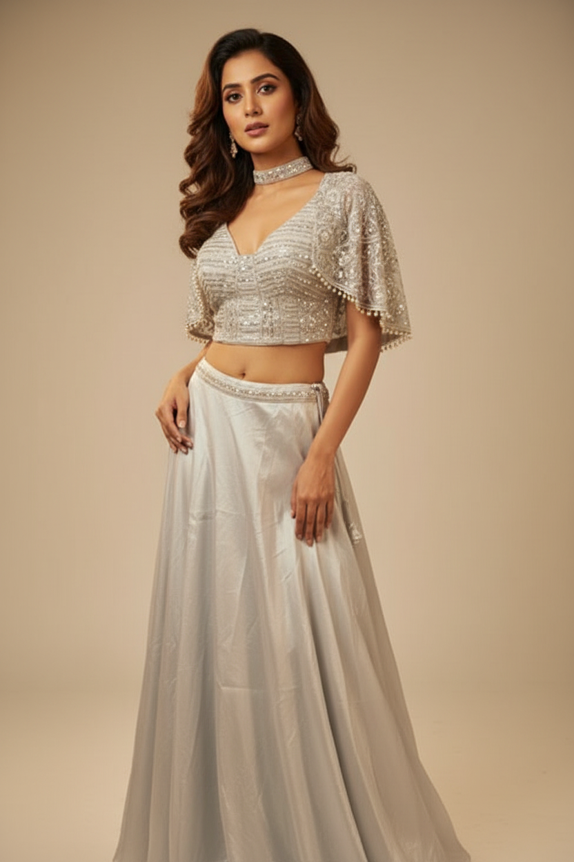 Female Model in White Lehenga Choli