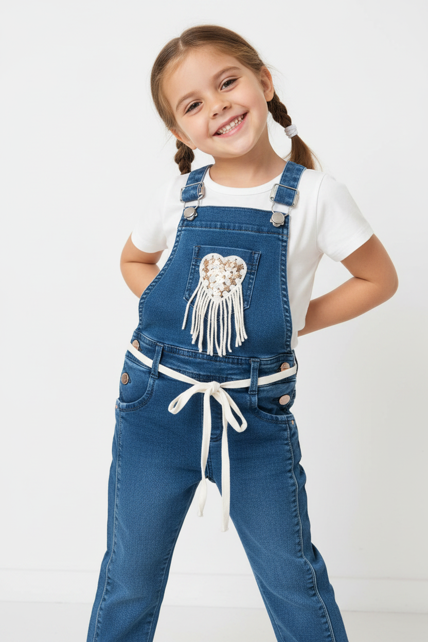 Girl wearing denim dungaree with sequin heart