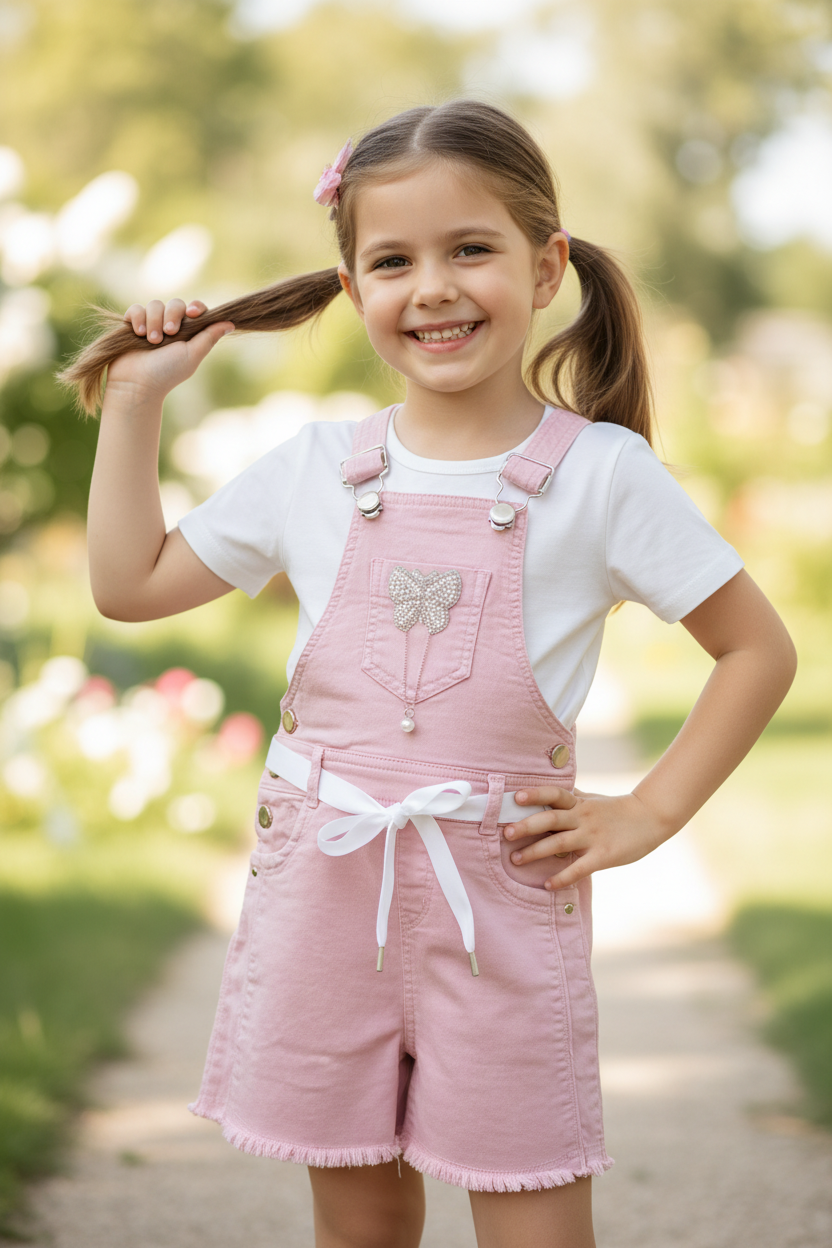 Girl wearing pink dungaree shorts with butterfly embellishment