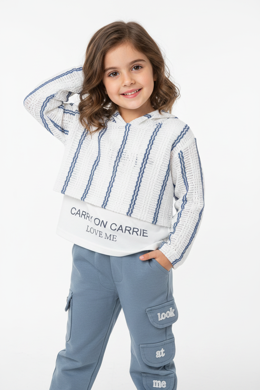 Girl wearing striped knit sweater and cargo pants
