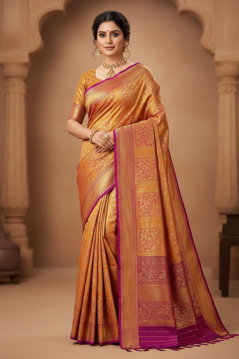 Golden Amber & Magenta Purple Kanchipuram Tissue Saree Model