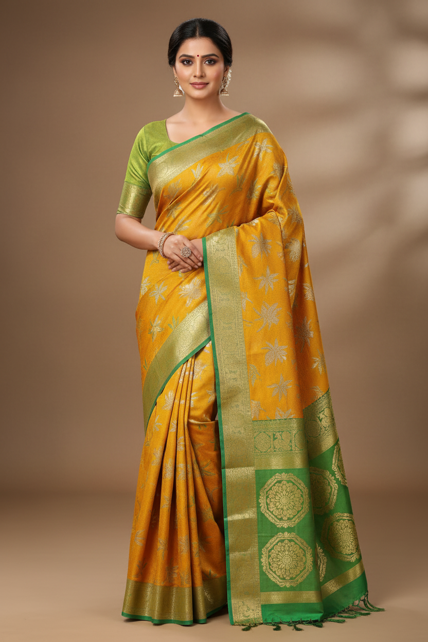 Golden Amber & Olive Green Palm Tree Kanchipuram Saree Model