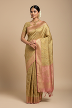 Golden Beige Banarasi Silk Saree on Model