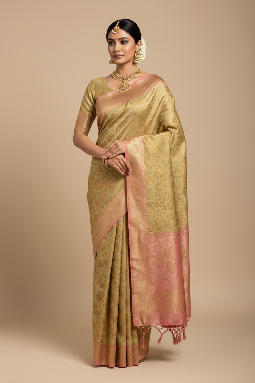 Golden Beige Banarasi Silk Saree on Model