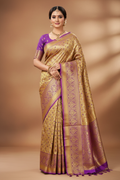 Golden Champagne & Violet Purple Kanchipuram Tissue Saree Model
