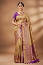 Golden Champagne & Violet Purple Kanchipuram Tissue Saree Model