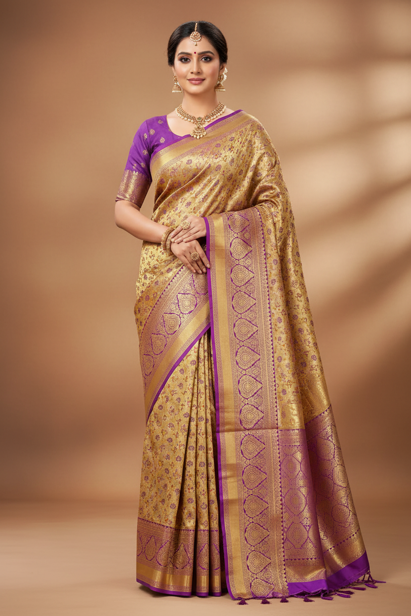 Golden Champagne & Violet Purple Kanchipuram Tissue Saree Model