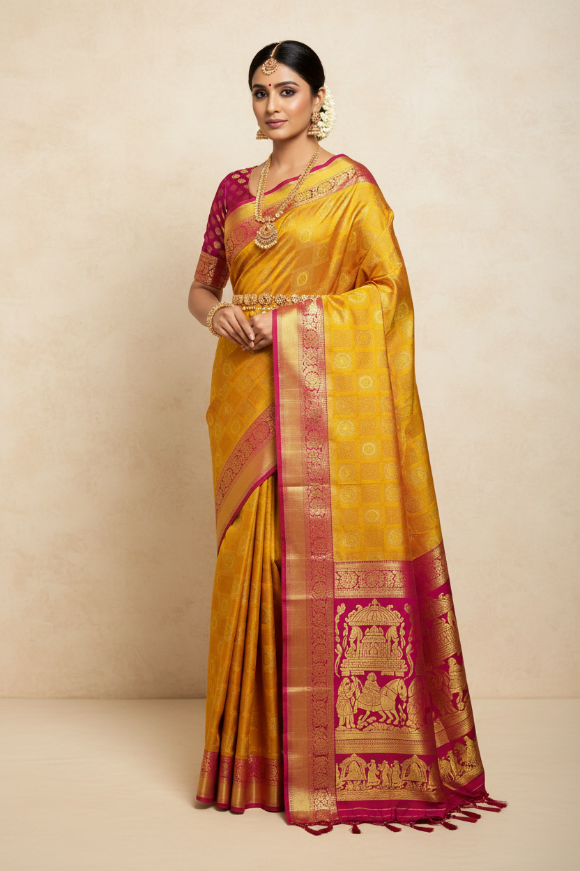 Golden Yellow & Crimson Royal Procession Kanchipuram Saree Model