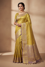 Golden Yellow & Lavender Purple Tissue Silk Saree Model