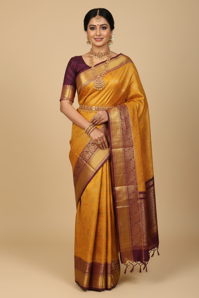 Golden Yellow & Maroon Kanjivaram Saree on Model