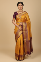 Golden Yellow & Maroon Kanjivaram Saree on Model
