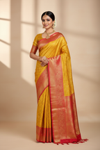 Golden Yellow & Red Brocade Silk Saree Model