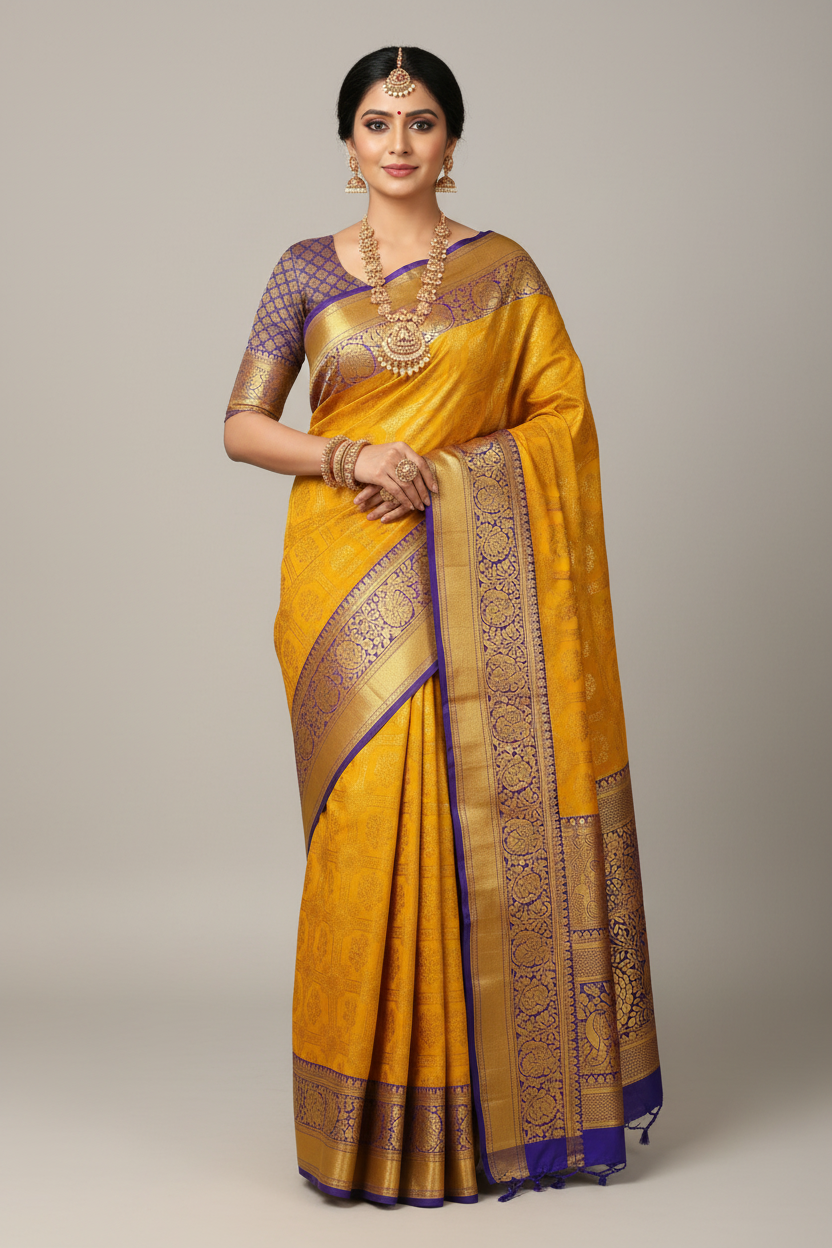 Golden Yellow & Royal Blue Kanjivaram Saree on Model