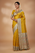 Golden Yellow & Silver Grey Meenakari Banarasi Saree Model