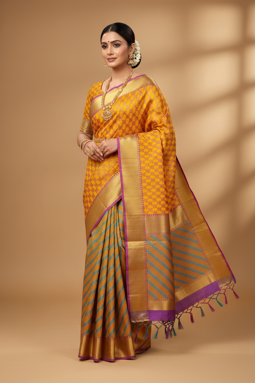 Golden Yellow & Teal Diagonal Stripe Kanchipuram Saree Model